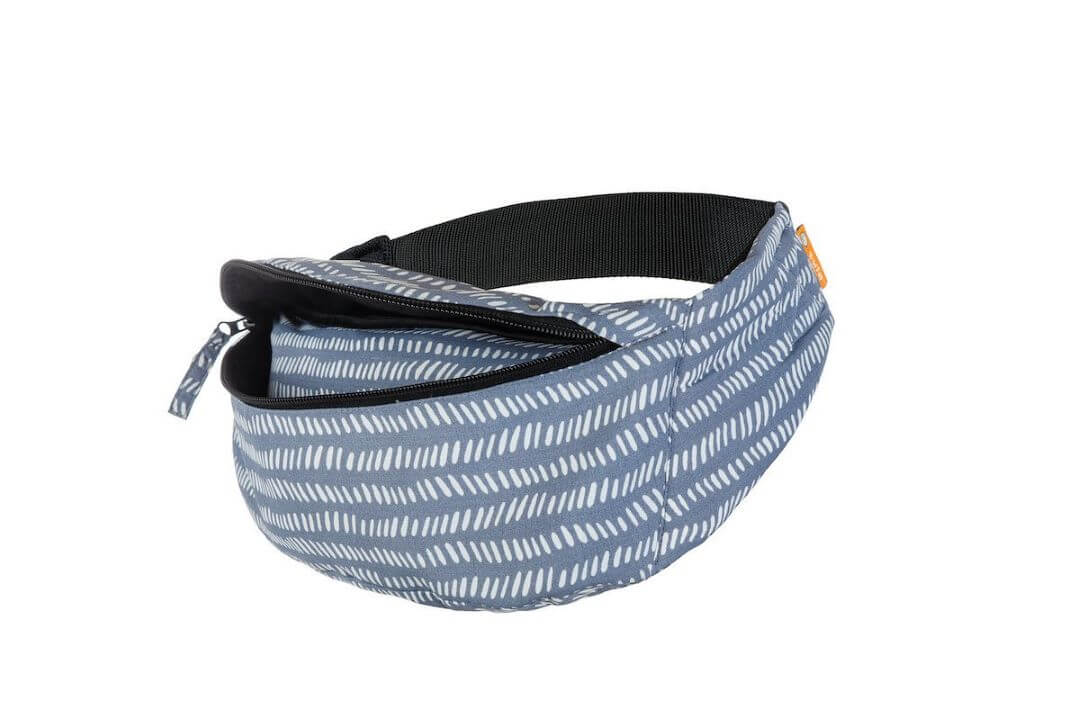 Compact travel baby carrier light blue folded into attached hip pouch