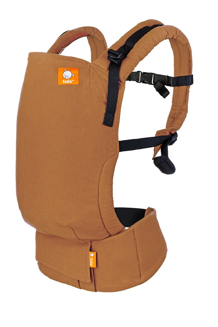 The golden glow of ancient gems in our Amber hemp Free-to-Grow soft baby carrier from birth.