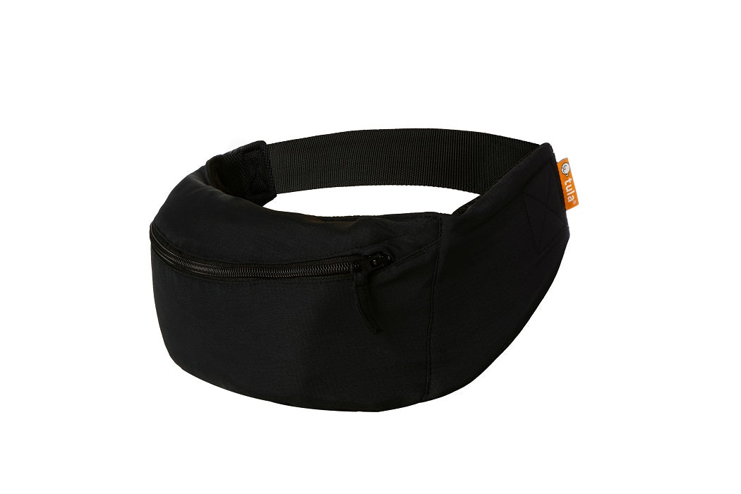 Compact travel baby carrier light black folded into attached hip pouch