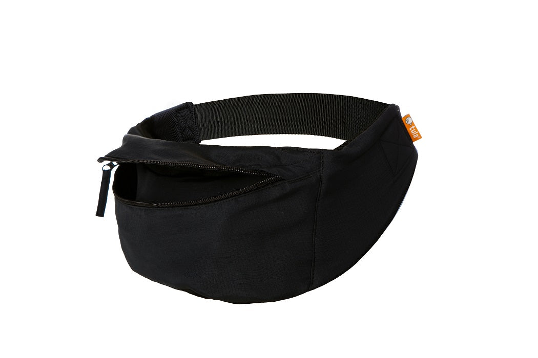 Compact travel baby carrier light black folded into ist own hip pouch
