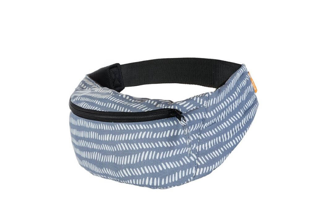 Compact travel baby carrier light blue folded into ist own hip pouch