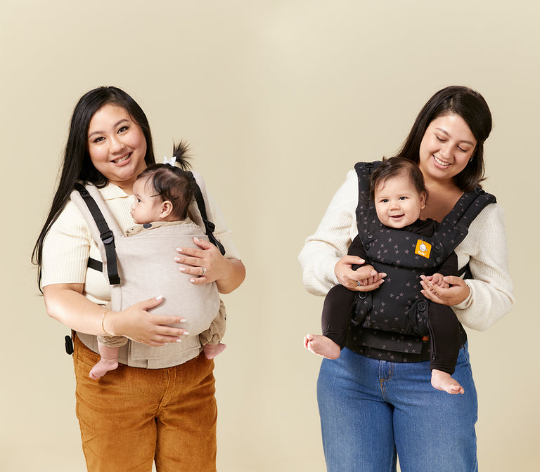 Two mums babywearing their babies in to different Tula carriers Free-t-Grow and Explore