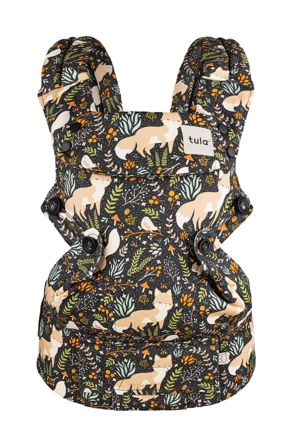 Forward Facing Tula Explore Baby Carrier Fox Tail - fox pattern against green and organge foliage and brown background.