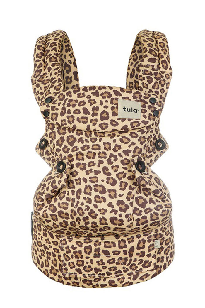 Ergonomic Tula Explore Baby Carrier Leopard, covered in a leopard pattern.