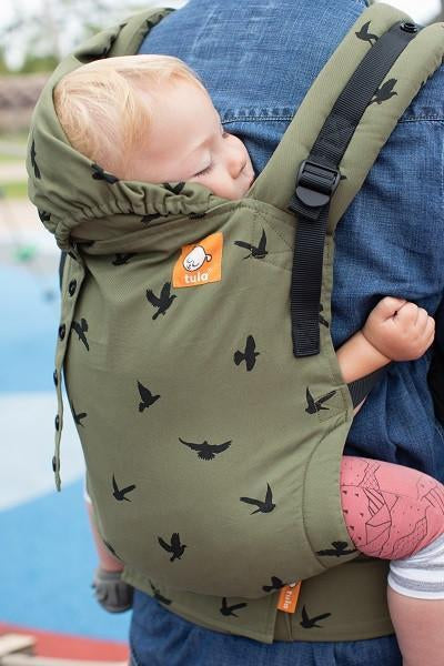 Sleeping toddler being worn in back carry position in a hip healthy baby carrier