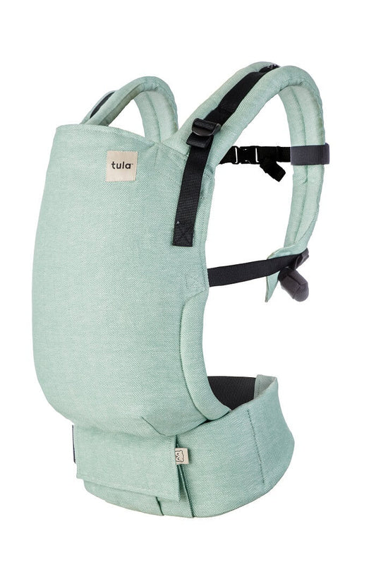 Soft green with gray undertones Tula Free-to-Grow Linen baby carrier.