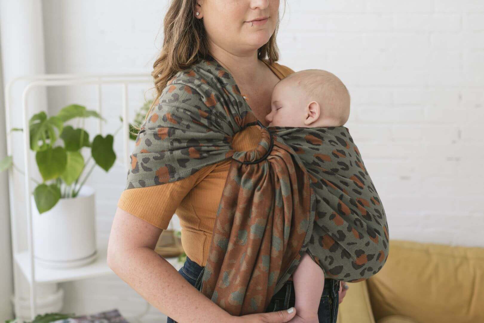 Tula Ring sling baby carrier from birth Signature Olive Leopard