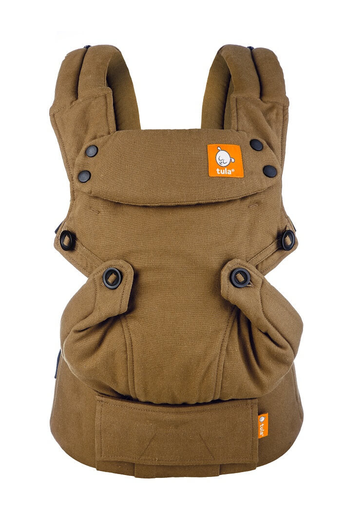 Soft Forward Facing Baby Carrier Tula Explore made from hemp in an antiqued beige/green