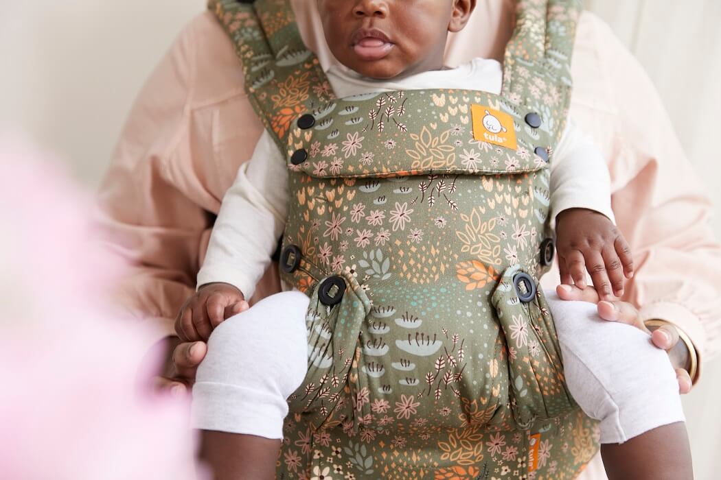 A close up on the print of Tula Explore Baby Carrier Meadow