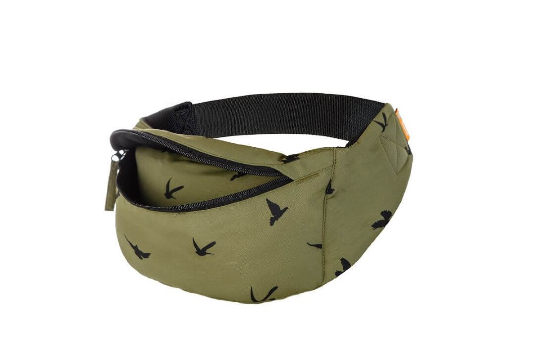 Compact travel baby carrier olive green folded into attached hip pouch