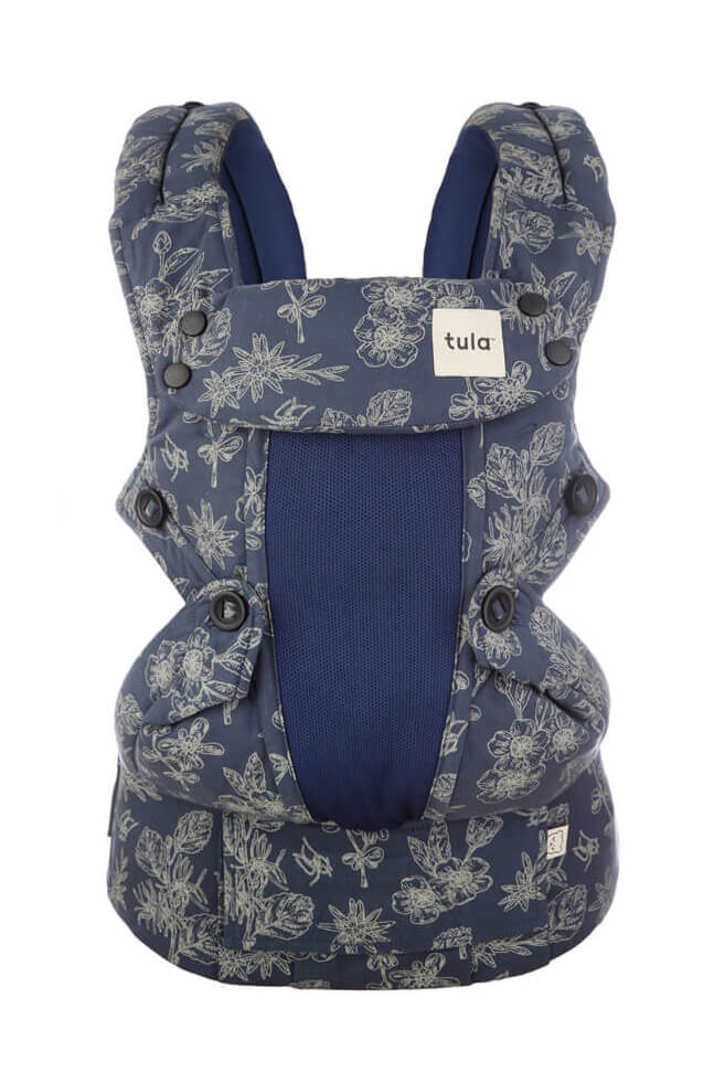 Tula Coast Explore Baby Carrier Edelweiss stenciled flowers on a navy background