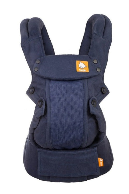 Forward facing baby carrier Explore Coast Indigo with its rich shade of blue and a matching navy blue mesh panel