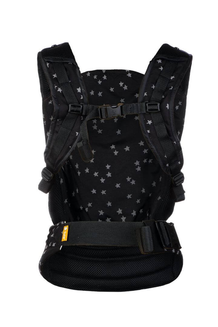 Back side view of a lightweight compact travel baby carrier