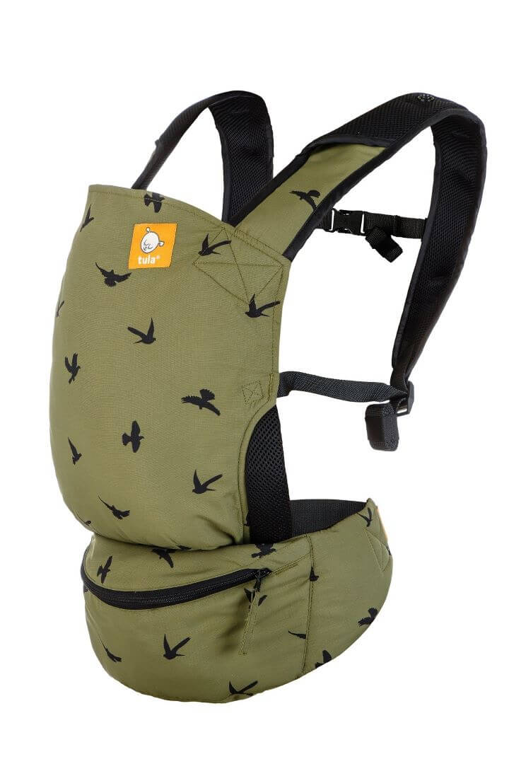 Ultra-compact travel baby carrier olive green with black birds
