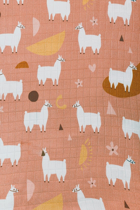 Tula Baby Blanket Laama Farm with white llamas on a dusty rose background