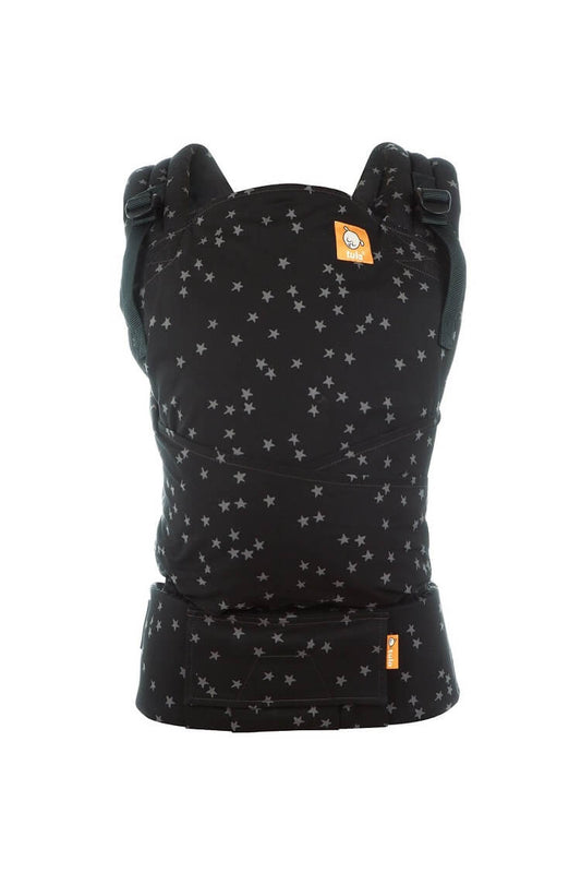 The Tula Half Buckle Carrier Discover in black with grey stars visible from the front.