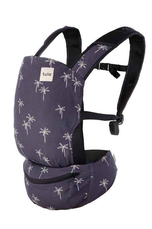 Ultra-compact travel baby carrier Palms with a delicate palms print scattered across a black-purple background