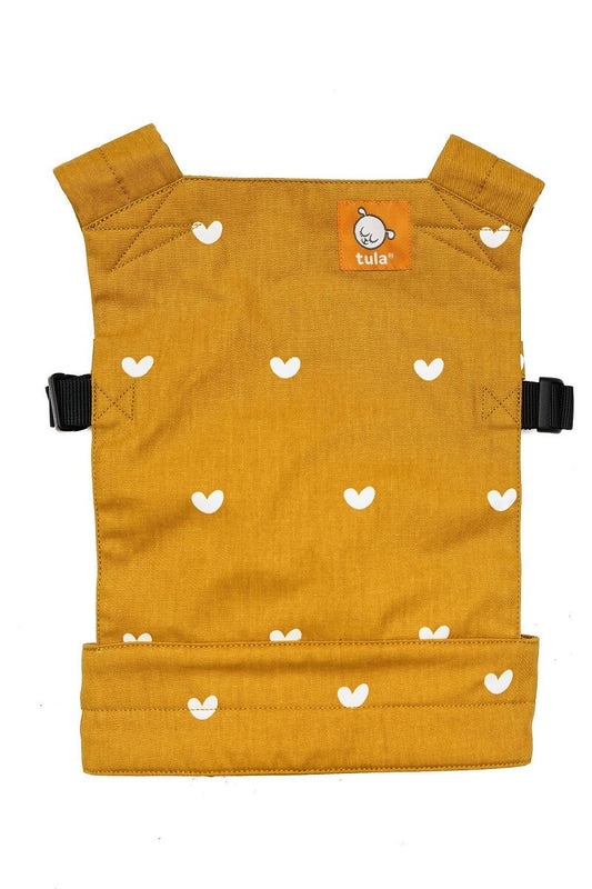 Tula Baby Doll Carrier Play in mustard yellow with cream coloured hearts